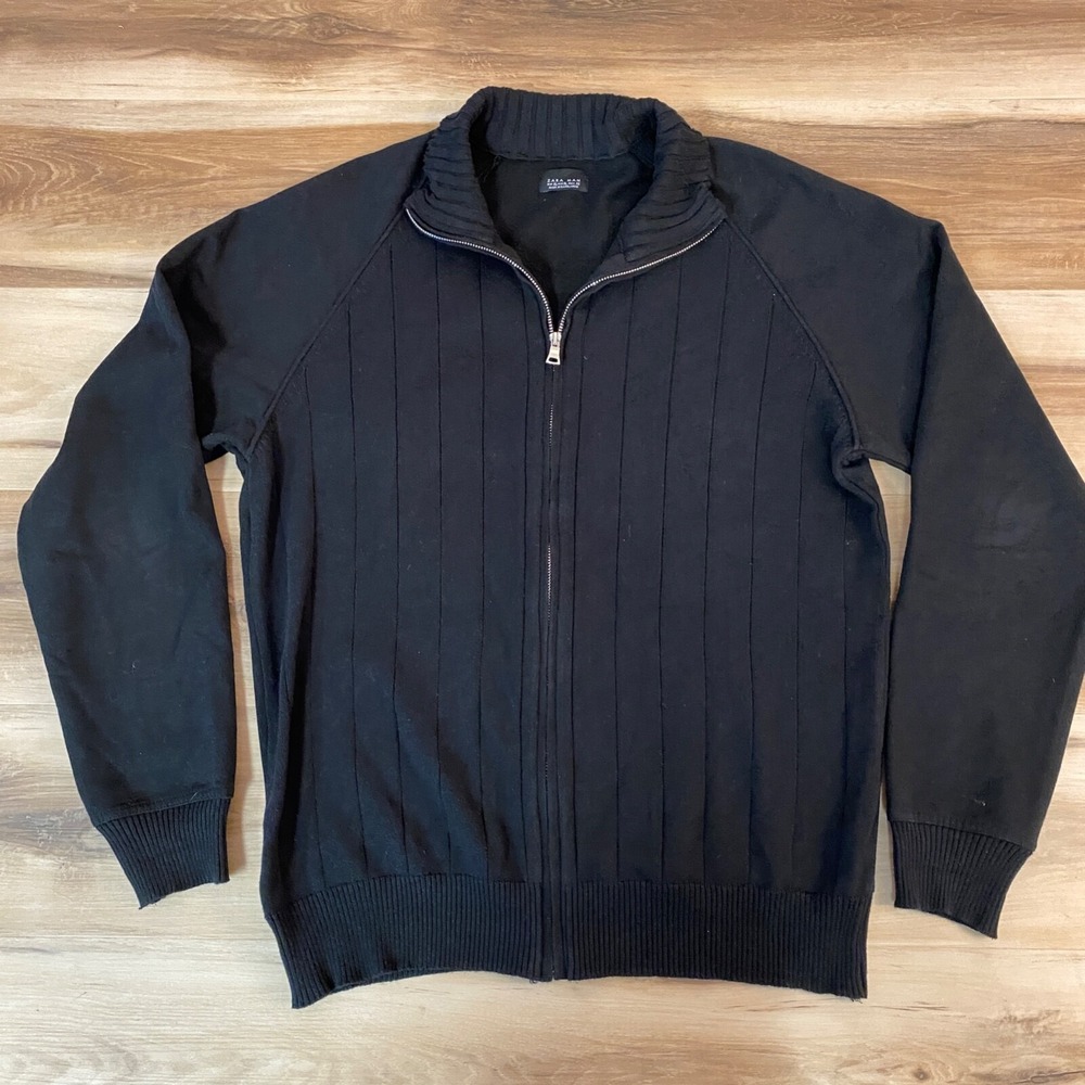 Zara Man Full Zip Sweater XL Ribbed Mock Neck 100% Cotton Raglan Black